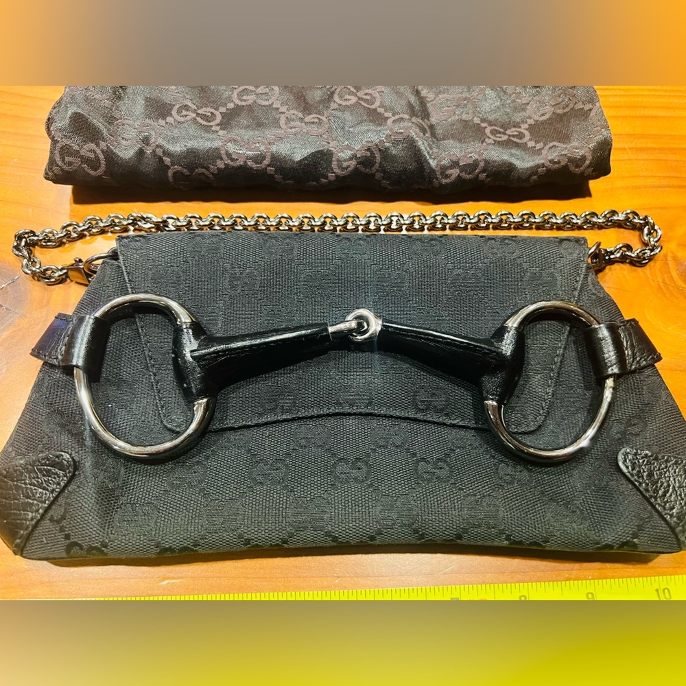 Gucci small clutch canvas logo fabric leather trim & flap. horsebit,chain strap